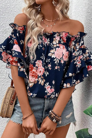 elegant blue floral off shoulder blouse