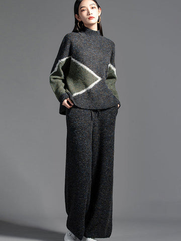 Casual Long Sleeves Loose Contrast Color Jacquard High-Neck Sweater Tops