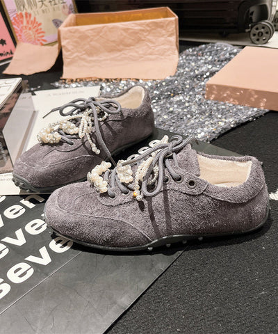 Chic Splicing Flats Lila Wildleder Lace Up Perle Zirkon 