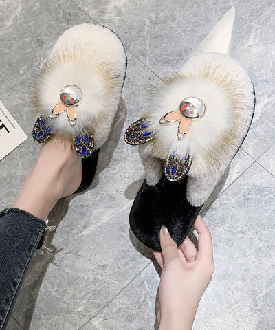Mode Spleißen Hausschuhe Schuhe Khaki Fuzzy Pelz Zirkon 