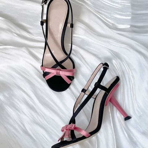 Sandalias de piel de oveja francesa con lazo dulce de colores, punta abierta, tacón fino, tacones altos para mujer, novedad 2024 
