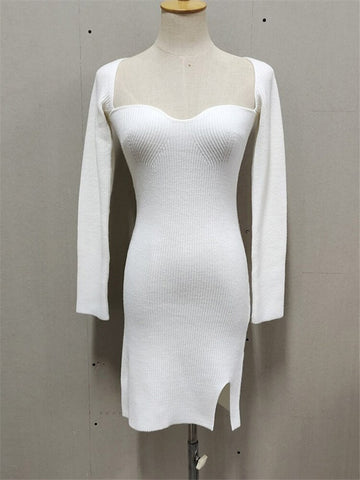 Tossy Knit White Dress For Women Casual Long Sleeve Sweater Dress Female Slim Bodycon V-Neck Mini Dresses Spring 2022