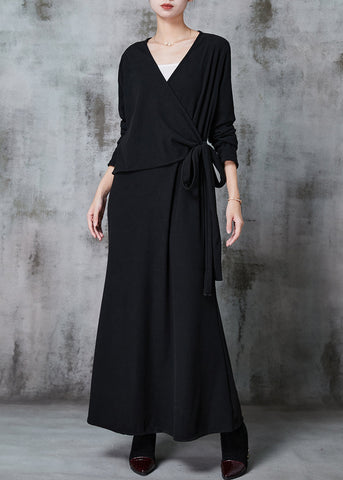 Taillierte graue asymmetrische Strickjacke und Kleid mit schlichter Passform, zweiteiliges Set für den Frühling 