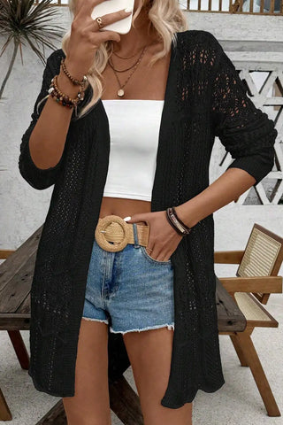 chic black crochet open front cardigan