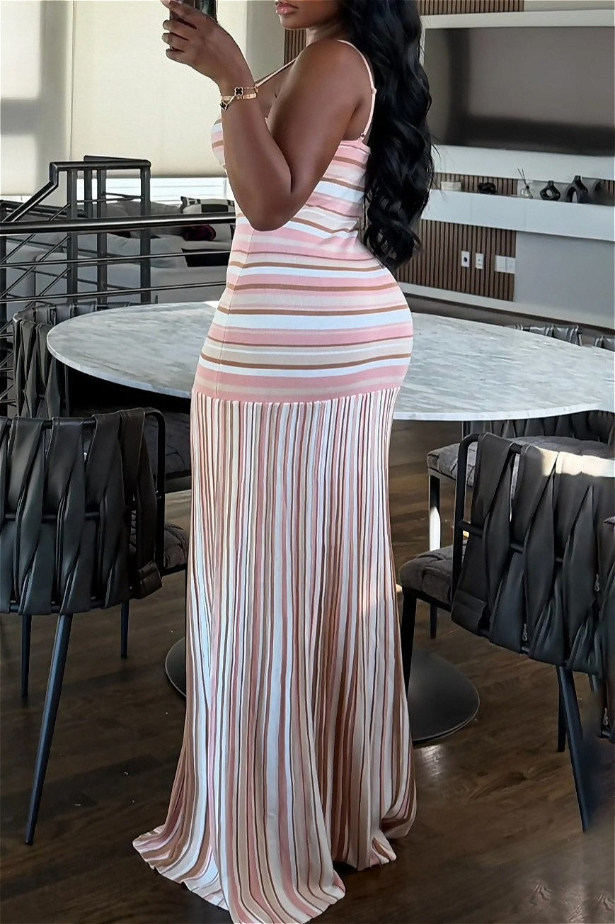 Color Block Stripe Backless Maxi Dress