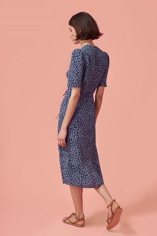 Short Sleeve V-Neck Print Midi Dress Blue
