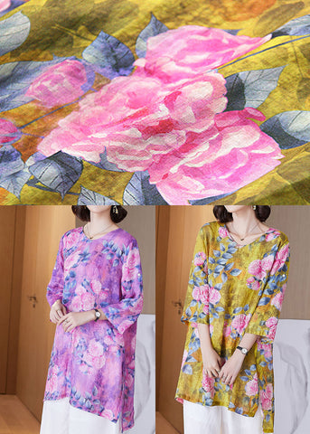 Bio-Leinenoberteil mit Rundhalsausschnitt und Armbandärmeln in Gelb 