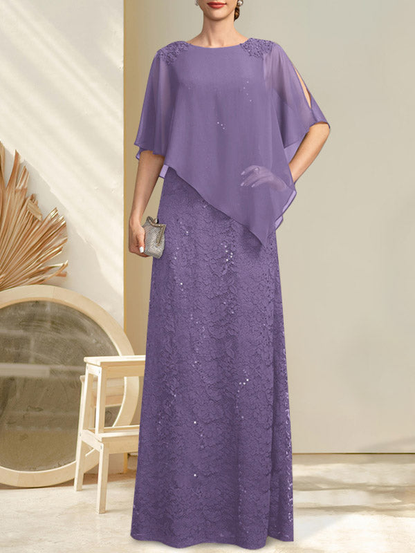 Vestido de madre de la novia de gasa con encaje, escote redondo y largo hasta el suelo, con lentejuelas y abalorios