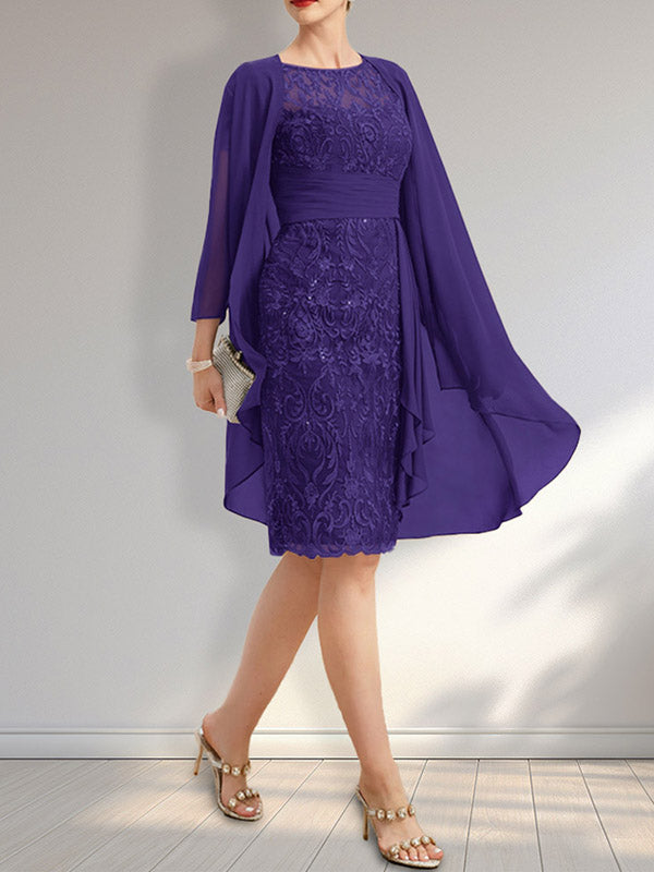 Etuikleid mit Rundhalsausschnitt, Illusion-Effekt, knielang, aus Chiffon mit Spitze, Rüschen und Pailletten – ideal für die Mutter der Braut