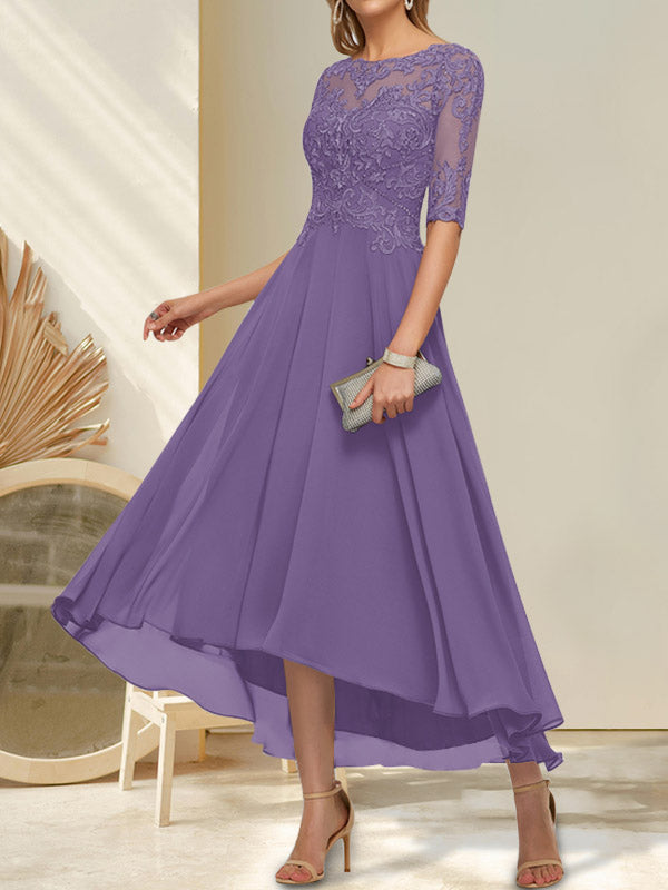 Vestido de madre de la novia de gasa asimétrica con escote barco, ilusión, encaje y lentejuelas con abalorios.