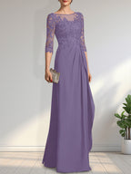 A-Linien-Kleid mit U-Boot-Ausschnitt, Illusion-Effekt, bodenlang, aus Chiffon und Spitze, mit Perlen, Pailletten und kaskadenartigen Rüschen – perfekt für die Mutter der Braut.