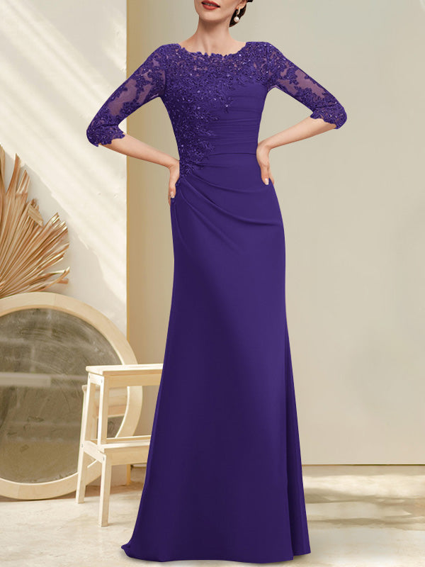 Vestido de gasa para madre de la novia, corte A, largo hasta el suelo, con encaje, cuentas y lentejuelas plisadas