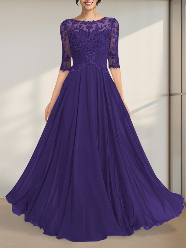 A-Linien-Kleid mit Illusion-Ausschnitt, bodenlang, aus Chiffon und Spitze, mit plissierten Pailletten und V-Ausschnitt für die Mutter der Braut