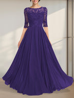 A-Linien-Kleid mit Illusion-Ausschnitt, bodenlang, aus Chiffon und Spitze, mit plissierten Pailletten und V-Ausschnitt für die Mutter der Braut