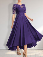 A-Linien-Kleid mit asymmetrischem Chiffon-Spitzenausschnitt und Pailletten für die Mutter der Braut 