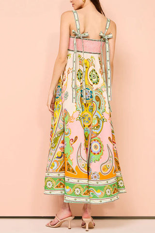 Meridress Bow Back High Waist Unique Print Swing Maxi Cami Dress