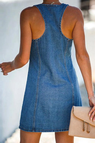 Vestido vaquero Meridress sin mangas con cuello en V, botones y espalda nadadora