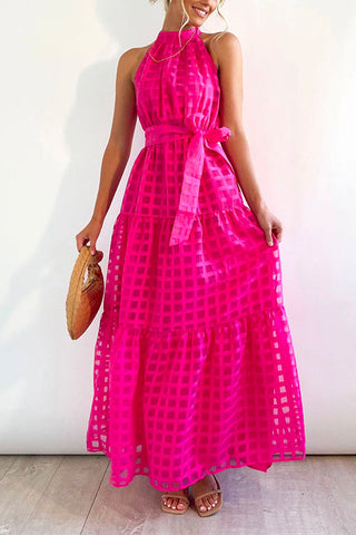Vestido largo Meridress de malla a cuadros con volantes, cuello alto y cintura anudada
