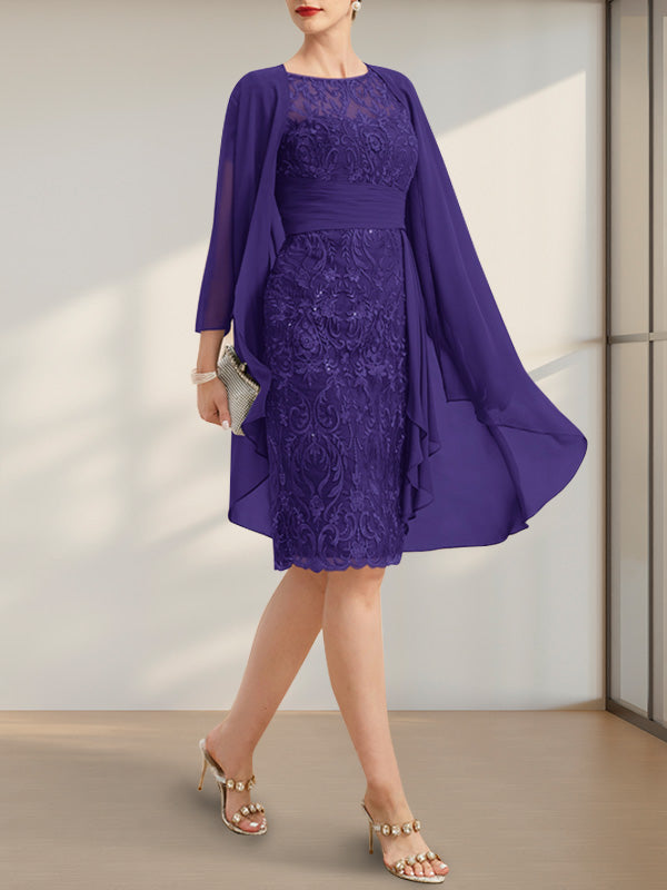 Etuikleid/Säulenkleid mit Illusion-Ausschnitt, knielang, aus Chiffon mit Spitze, Kaskadenrüschen und Pailletten für die Mutter der Braut