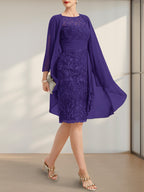Etuikleid/Säulenkleid mit Illusion-Ausschnitt, knielang, aus Chiffon mit Spitze, Kaskadenrüschen und Pailletten für die Mutter der Braut