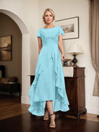 A-Linien-Kleid mit asymmetrischem Chiffon-Spitzenausschnitt, Schleife, Rüschen und Pailletten für die Mutter der Braut 