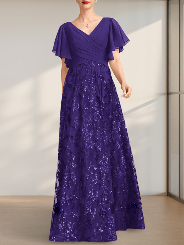 Vestido de madre de la novia de gasa con lentejuelas, encaje, escote en V y largo hasta el suelo, con pliegues