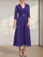 A-Linien-Chiffonkleid mit V-Ausschnitt und Teelänge für die Mutter der Braut