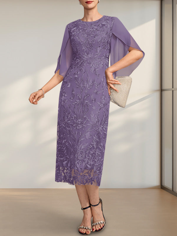 Etuikleid/Säulenkleid mit Rundhalsausschnitt, Teelänge, aus Spitze und Chiffon, ideal für die Mutter der Braut