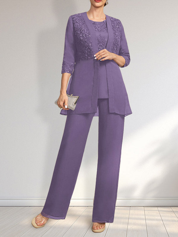 Jumpsuit/Hosenanzug-Set, bodenlanges Chiffon-Spitzenkleid mit Pailletten für die Mutter der Braut mit Rundhalsausschnitt
