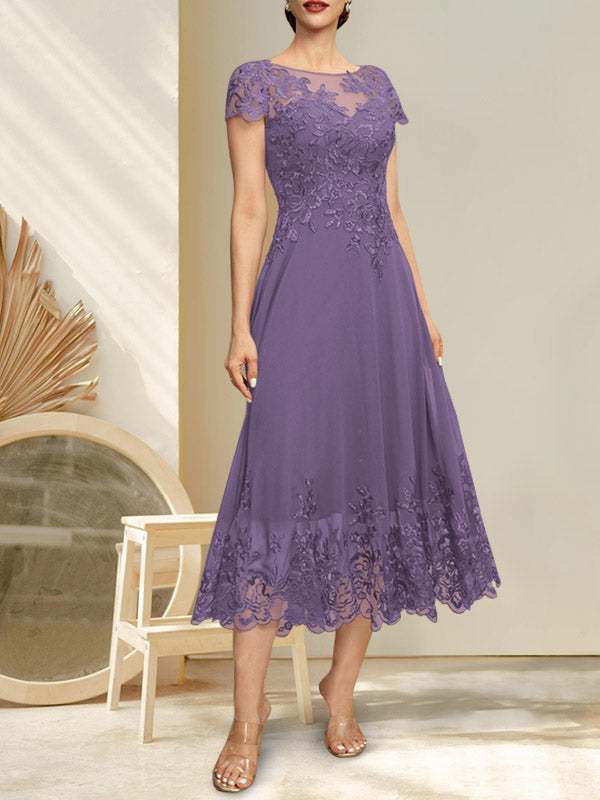 A-Linien-Kleid mit Illusion-Ausschnitt, Rundhalsausschnitt, Teelänge, Spitze und Chiffon, mit Pailletten, für die Mutter der Braut