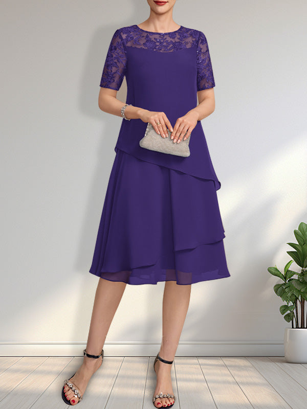 A-Linien-Kleid mit Rundhalsausschnitt, Illusion-Effekt, knielang, aus Spitze und Chiffon mit Pailletten für die Mutter der Braut