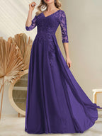 A-Linien-Kleid aus Chiffon mit V-Ausschnitt, bodenlang, mit Pailletten besetzt – ideal für die Mutter der Braut