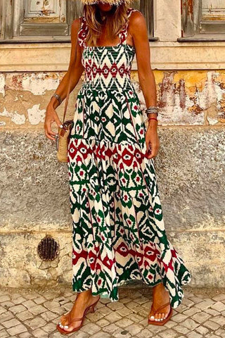 Meridress – Bohemia – Gestuftes Maxi-Camisole-Ferienkleid mit gesmoktem Rüschen