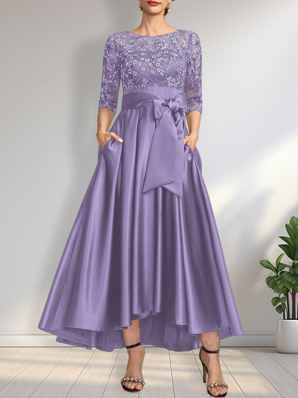 Vestido de madre de la novia de encaje satinado asimétrico con ilusión de corte A y lazo