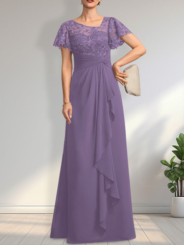 A-Linien-Kleid aus asymmetrischem Chiffon mit Illusion-Effekt, bodenlang, mit Kaskadenrüschen und Pailletten für die Mutter der Braut 