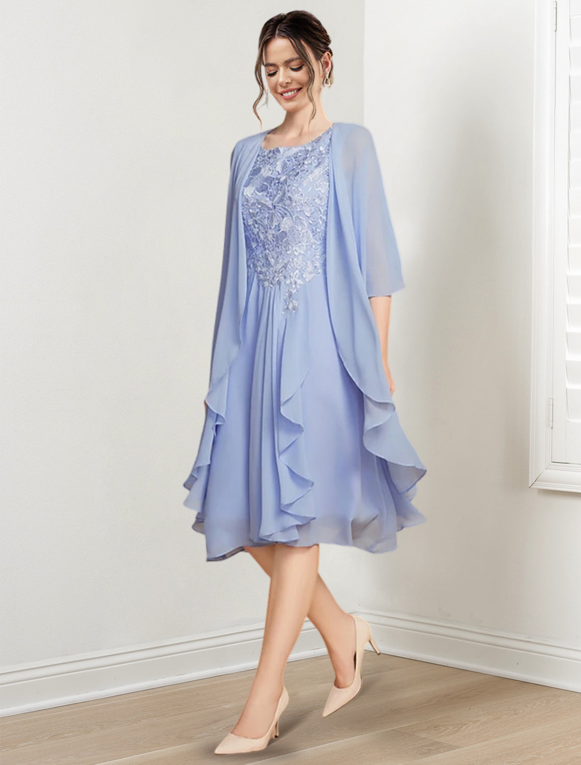 Vestidos de madre de la novia de corte A/princesa con escote redondo y largo hasta la rodilla 