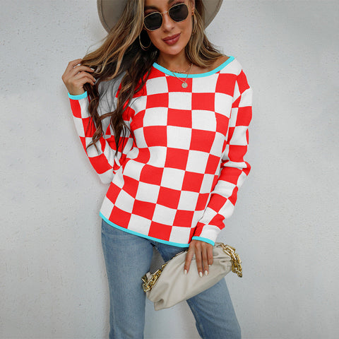 Frühherbst Pullover Plaid Colorblock Pullover Rundhals Top Strickwaren Bottoming Shirt 