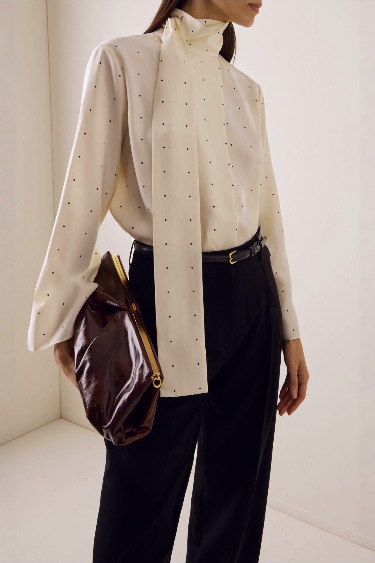 Ribbon Polka Dot Loose Commuter Blouse