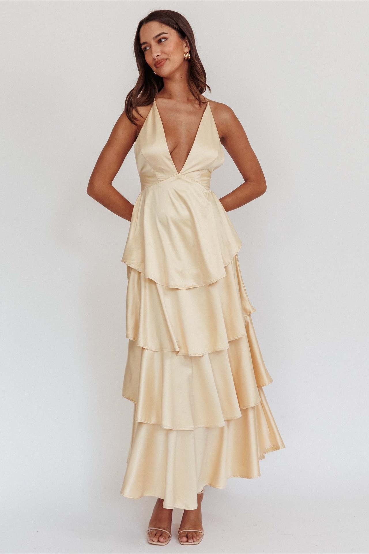 Satin V-Neck Cami Tiered Slim Maxi Dress