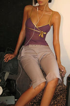 Sexy Solid Slim Stylish Sheer Bow Purple Cami Top