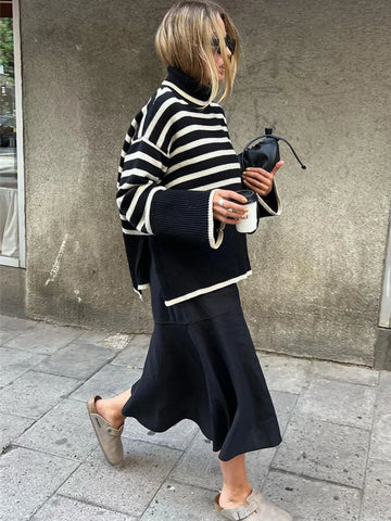 Tossy Winter Women's Striped Turtleneck Oversized Sweater – 2023 New Autumn Collection
