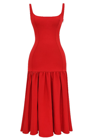 Vestido midi de cintura baja con tirantes anchos y escote cuadrado de silueta elegante 