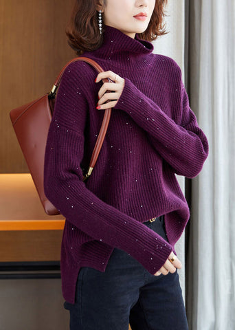 Italienische Lila Hign Neck Pailletten Strick Pullover Pullover Winter 