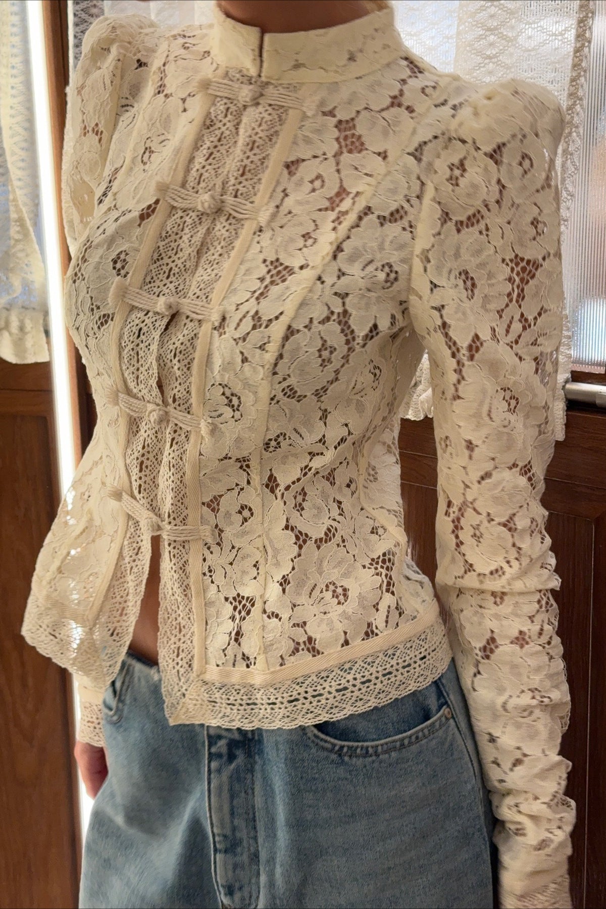 Soft-Style Stand-Collar Frog-Button Lace Cutout Cardigan