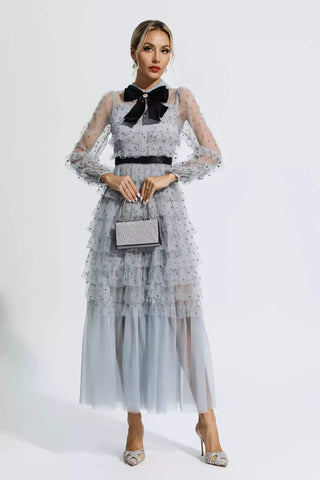 Langärmliges Midikleid mit Rüschenschleife und Hemdkragen 