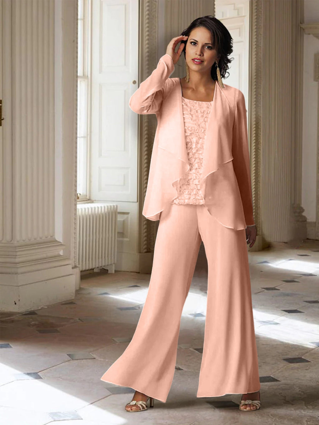 Chiffon-Hosenanzug mit langen Ärmeln und Jacke für die Mutter der Braut 