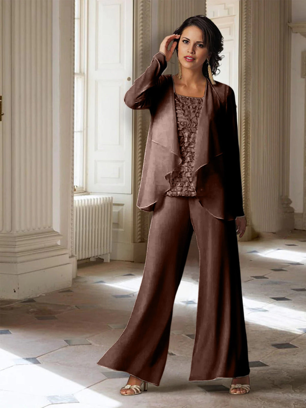Chiffon-Hosenanzug mit langen Ärmeln und Jacke für die Mutter der Braut 