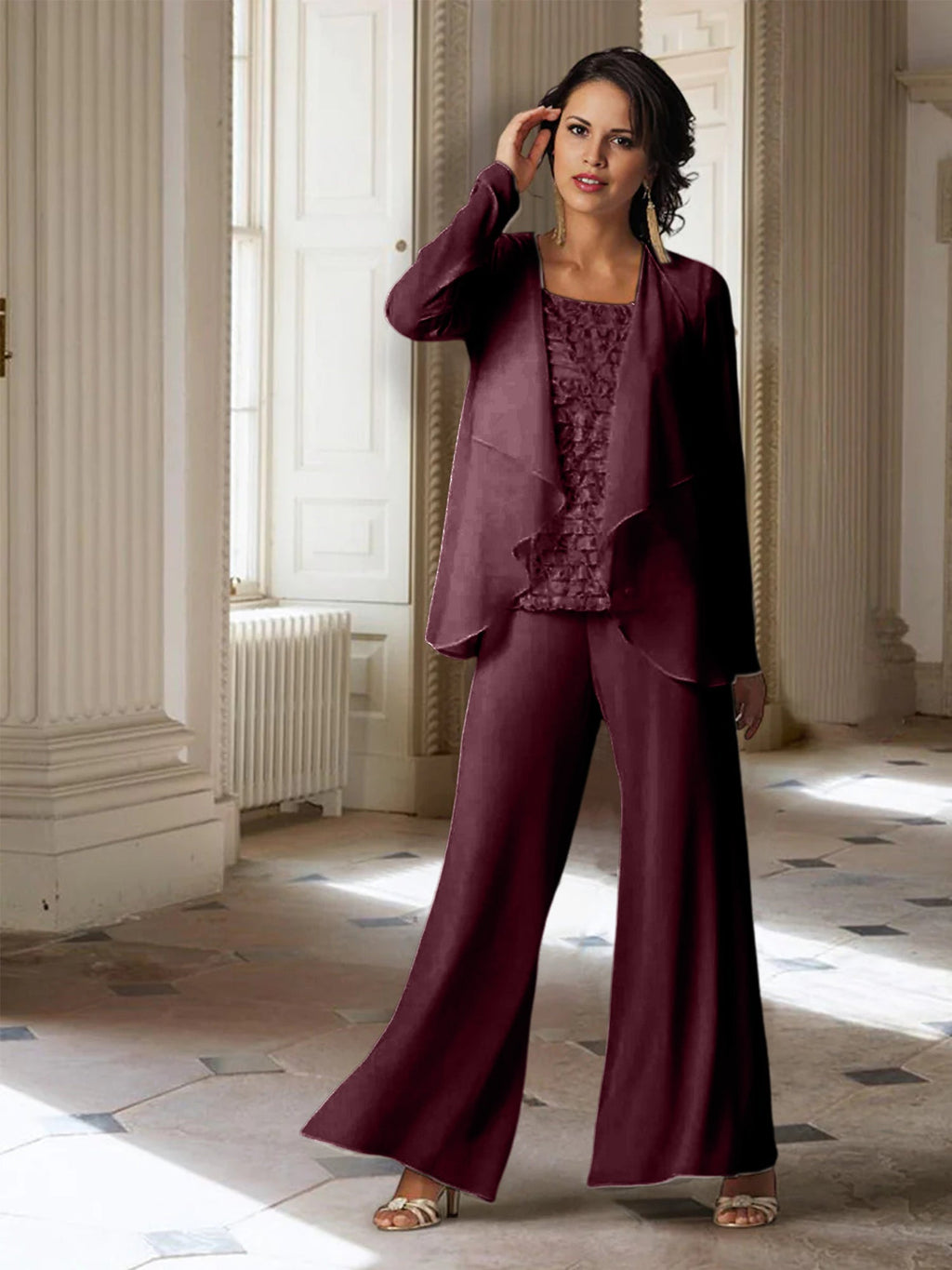 Chiffon-Hosenanzug mit langen Ärmeln und Jacke für die Mutter der Braut 