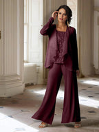 Chiffon-Hosenanzug mit langen Ärmeln und Jacke für die Mutter der Braut 