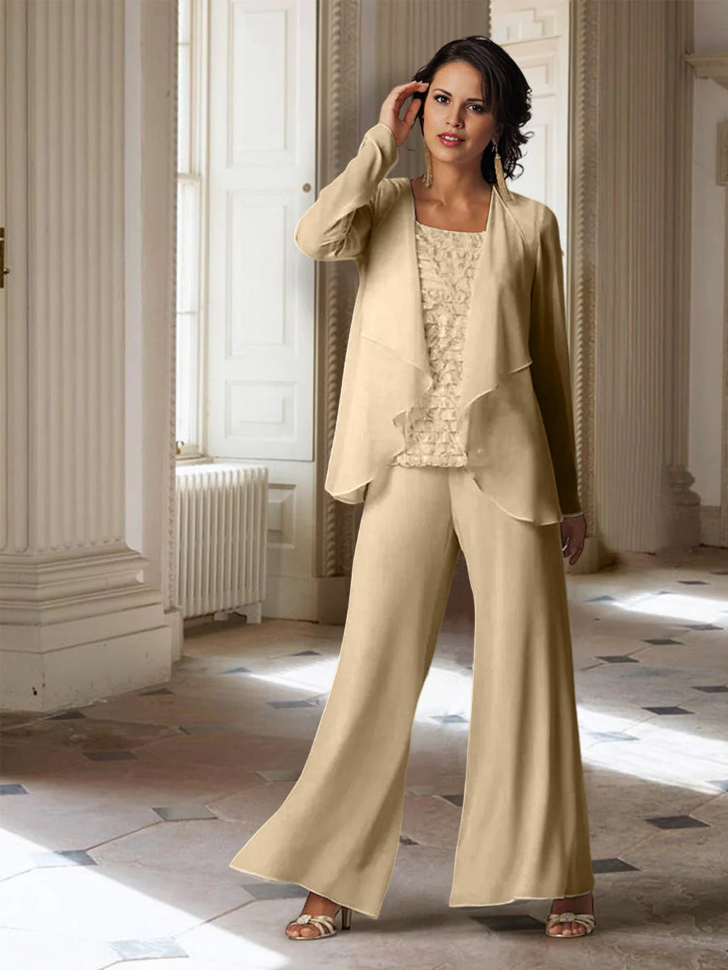 Chiffon-Hosenanzug mit langen Ärmeln und Jacke für die Mutter der Braut 